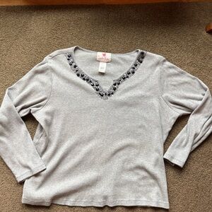 Quacker Factory Gray jeweled V-Neck Top